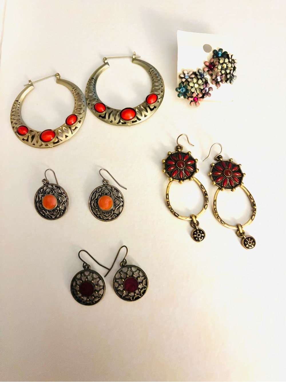 Lot of 5 Pairs of Antique Earrings 1pr Coral Color, Red, Floral Designs